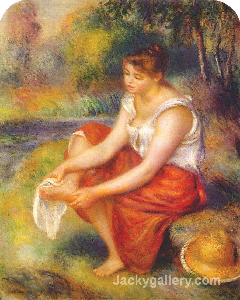 Girl wiping her feet by Pierre Auguste Renoir paintings reproduction